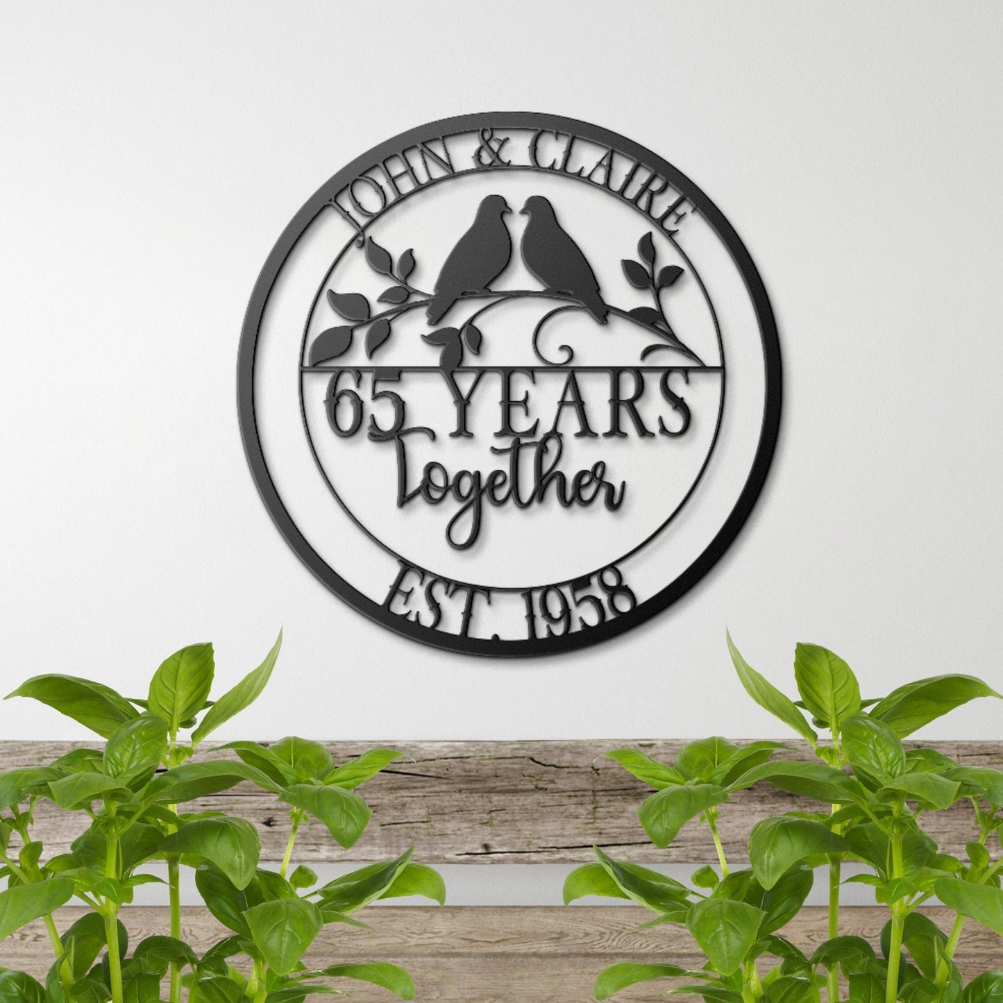 65th Anniversary Gift, Parents Anniversary, Wedding Anniversary Metal Sign, Couples Gift, Doves Metal Wall Art, Custom Monogram Sign