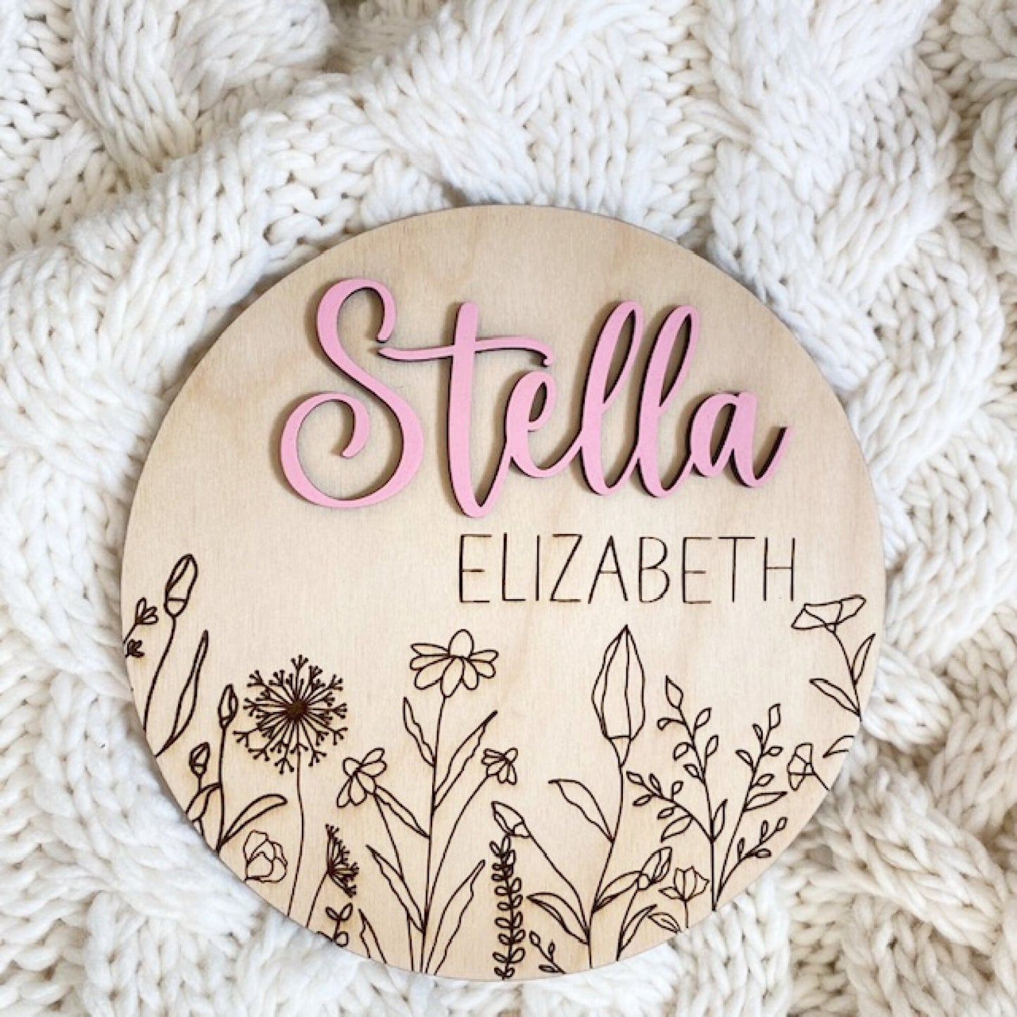 Baby Birth Announcement Sign for First Photos, Baby Shower Gift, Nursery Decor, Engraved Wildflower Sign, Baby Birth Photo Prop Sign