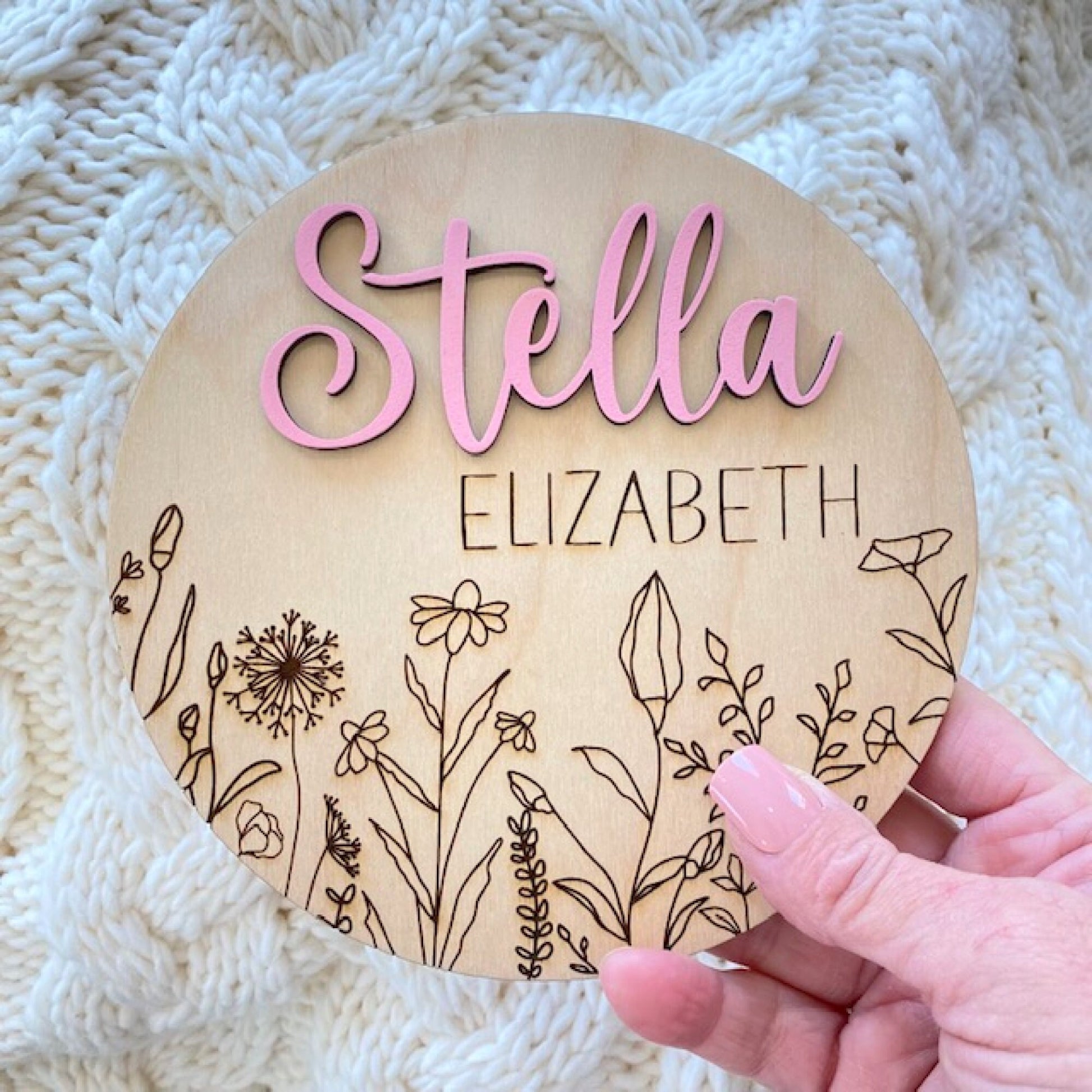 Baby Birth Announcement Sign for First Photos, Baby Shower Gift, Nursery Decor, Engraved Wildflower Sign, Baby Birth Photo Prop Sign