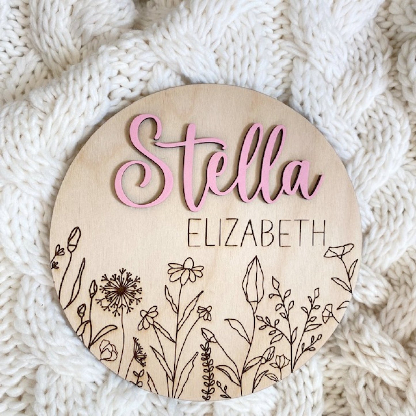 Baby Birth Announcement Sign for First Photos, Baby Shower Gift, Nursery Decor, Engraved Wildflower Sign, Baby Birth Photo Prop Sign