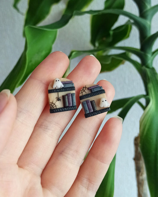 Halloween Ghost Earrings: Polymer Clay Book Studs, Witchy Booknerd Jewelry