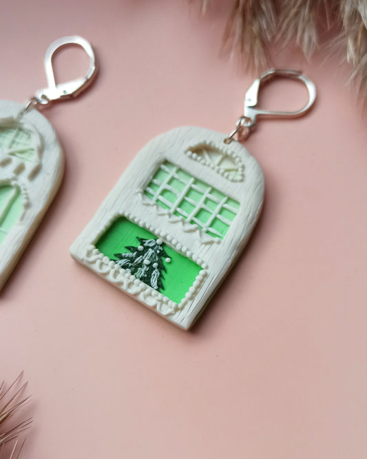 Avelli- Clay Festive Earring, Christmas Tree Earrings, White Silver Earrings, Christmas Jewellery, Winter House Dangle, Traveler woman gift