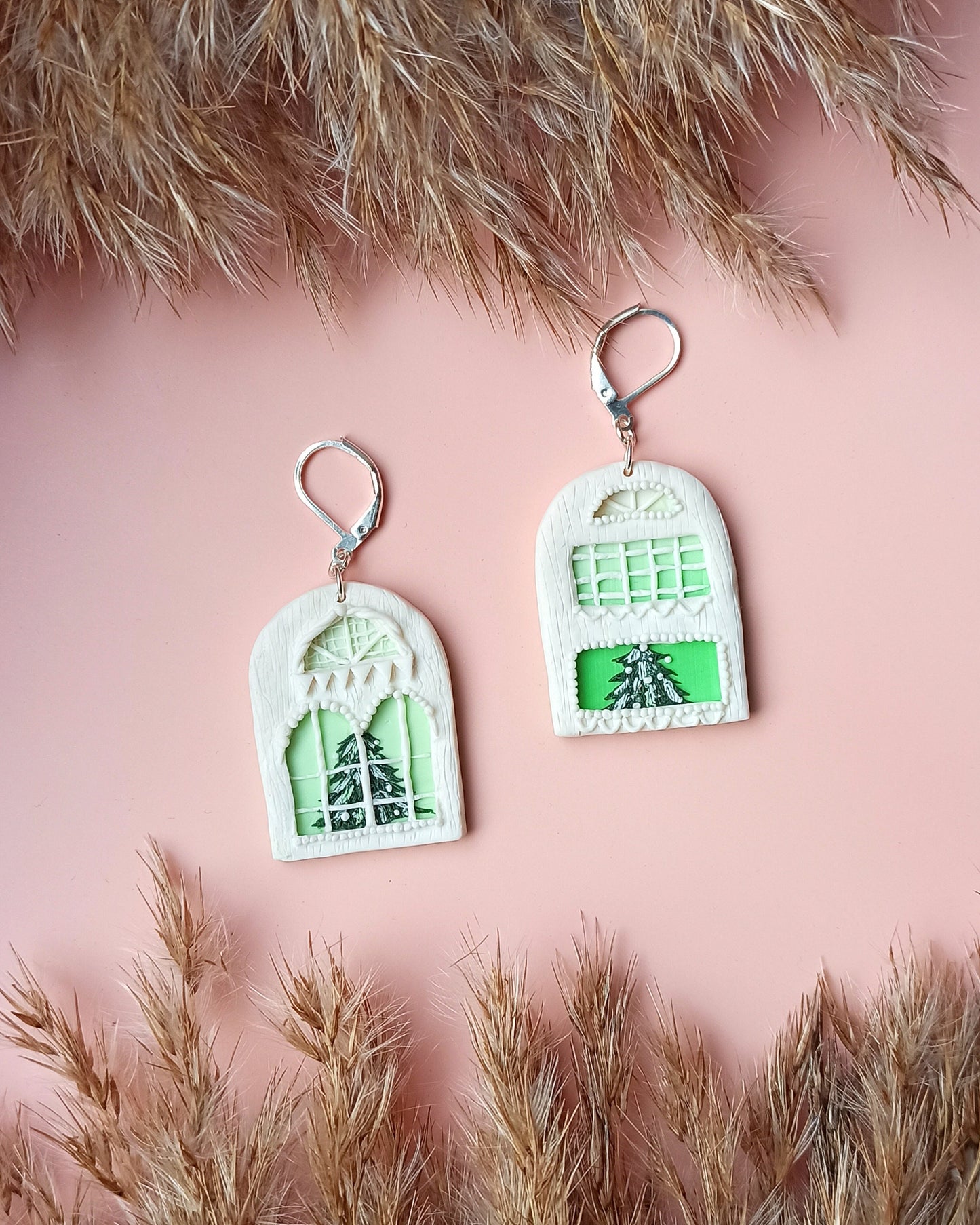 Avelli- Clay Festive Earring, Christmas Tree Earrings, White Silver Earrings, Christmas Jewellery, Winter House Dangle, Traveler woman gift