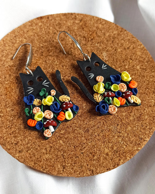 Black Cat Halloween Earrings: Polymer Clay Flowers & Mushrooms