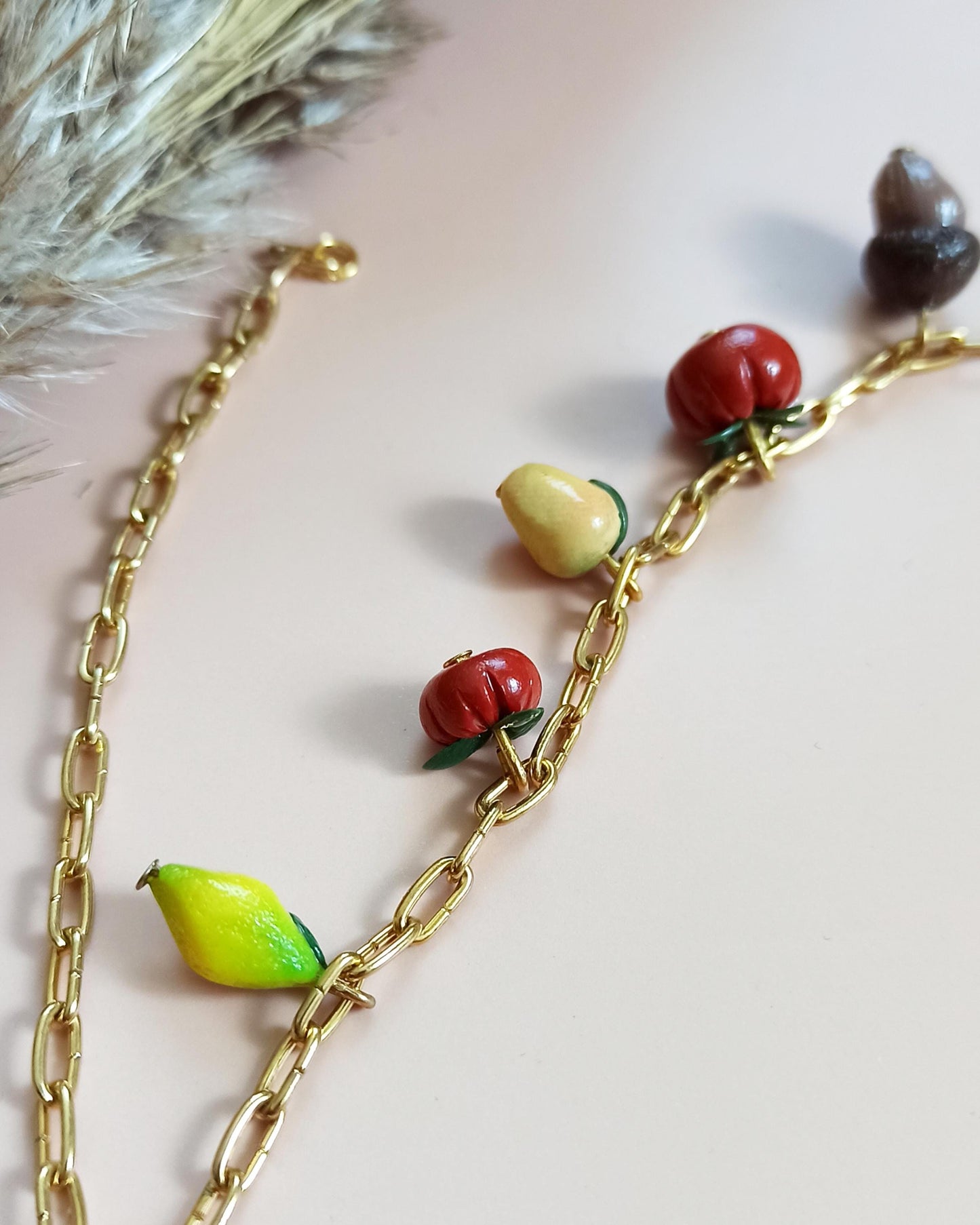 Fall charm tomatoes necklace: handmade fruit jewellery, small fruits.