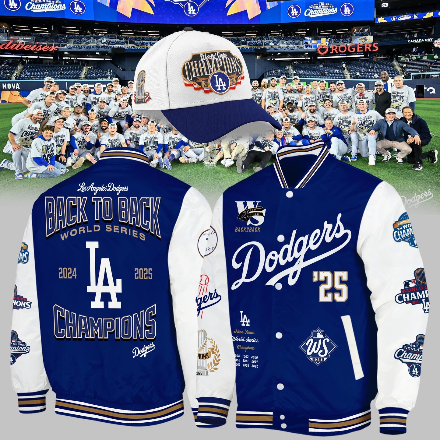 Dodgers Back-To-Back World Series Champions Bomber + Printed Hat