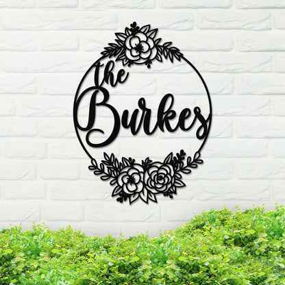 Metal Family Name Sign w Flowers, Flower Metal Sign, Metal Name Sign, Metal Family Sign, Custom name Sign, Home Decor, Backyard Sign