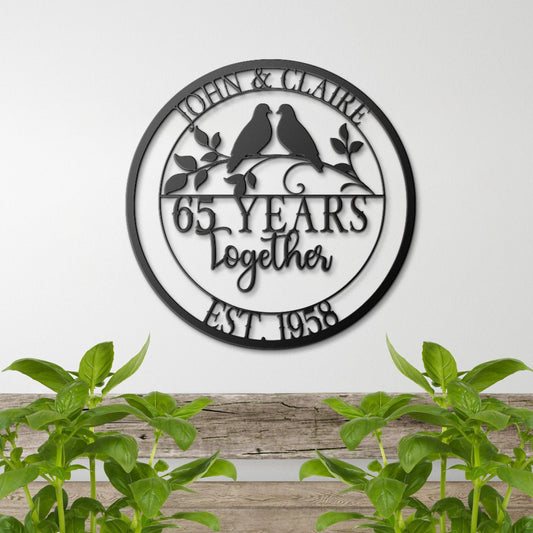 65th Anniversary Gift, Parents Anniversary, Wedding Anniversary Metal Sign, Couples Gift, Doves Metal Wall Art, Custom Monogram Sign