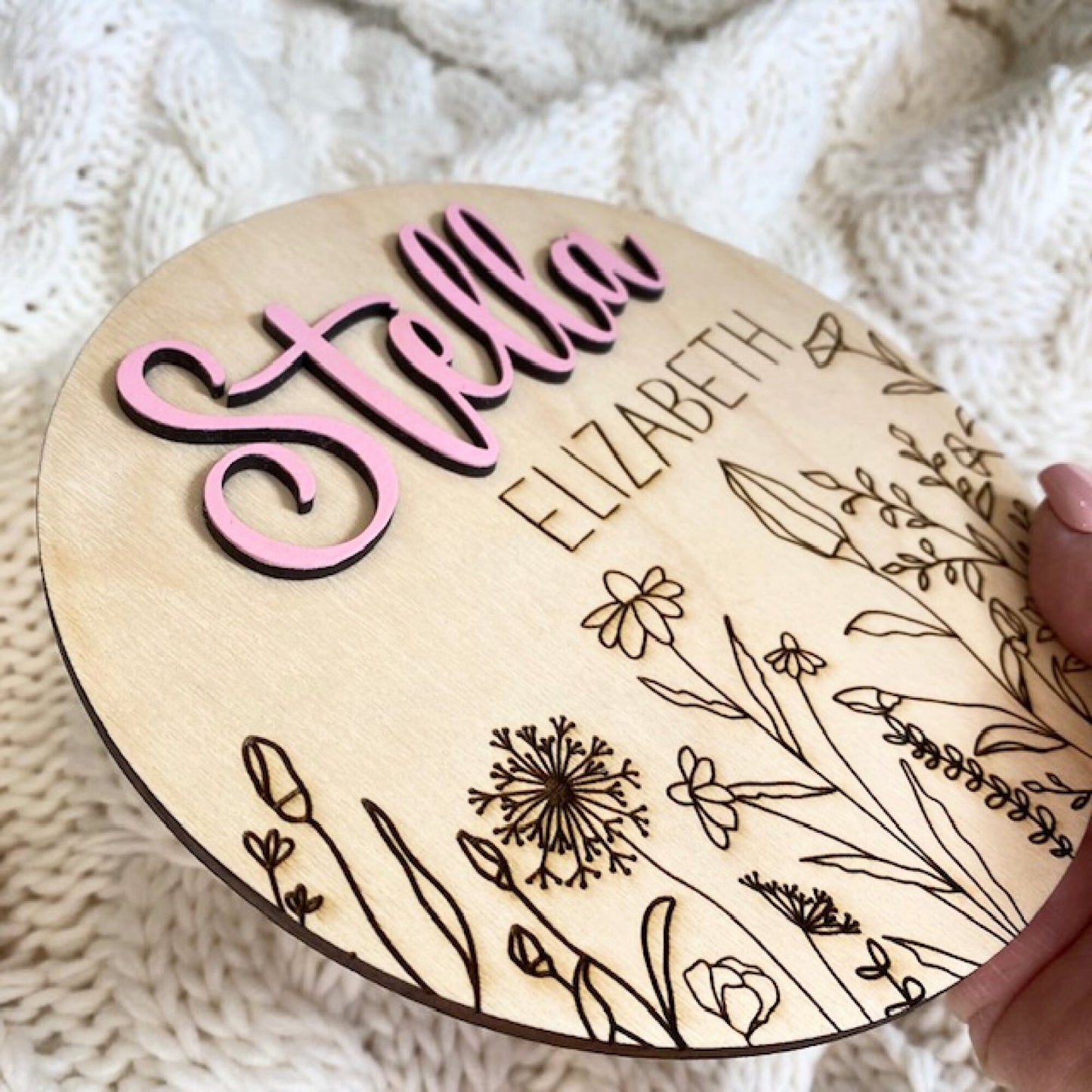 Baby Birth Announcement Sign for First Photos, Baby Shower Gift, Nursery Decor, Engraved Wildflower Sign, Baby Birth Photo Prop Sign