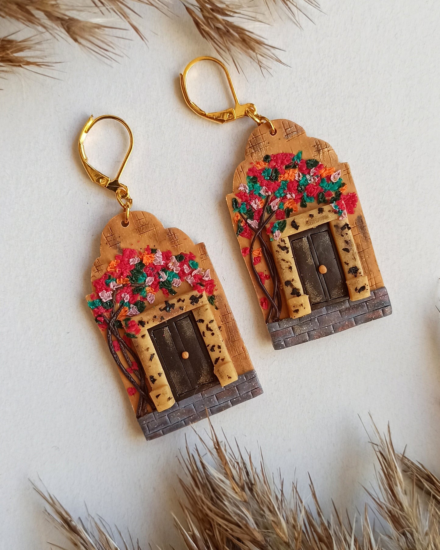 Handmade Polymer Clay Architecture Earrings: Pink Floral Landscape Jewelry