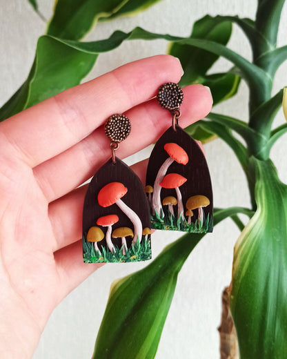Handmade Mushroom Dangle Earrings: Polymer Clay, Nickel-Free, personalised gift