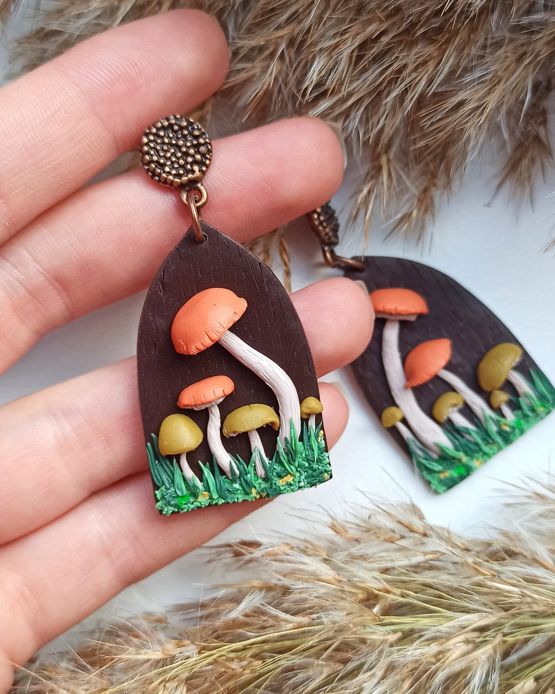 Handmade Mushroom Dangle Earrings: Polymer Clay, Nickel-Free, personalised gift