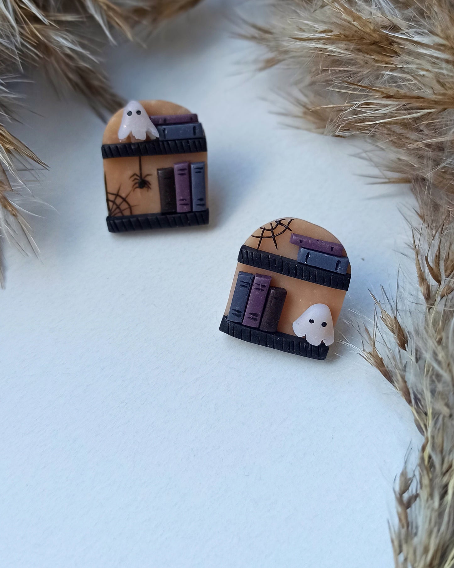 Halloween Ghost Earrings: Polymer Clay Book Studs, Witchy Booknerd Jewelry