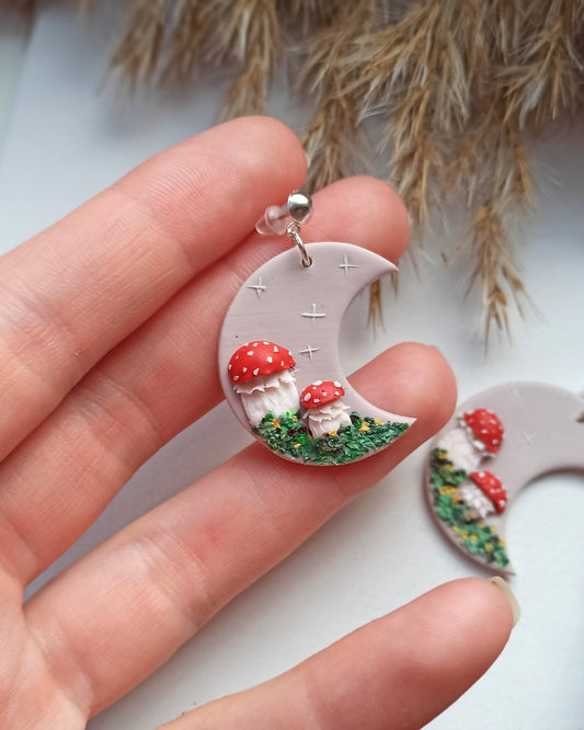 Forest Earrings/Mushroom Jewelry/Silver Brass Dangle Polymer Clay Boho/ Cottagecore/Gift for sister/Funky Earrings/Moon nature lover/