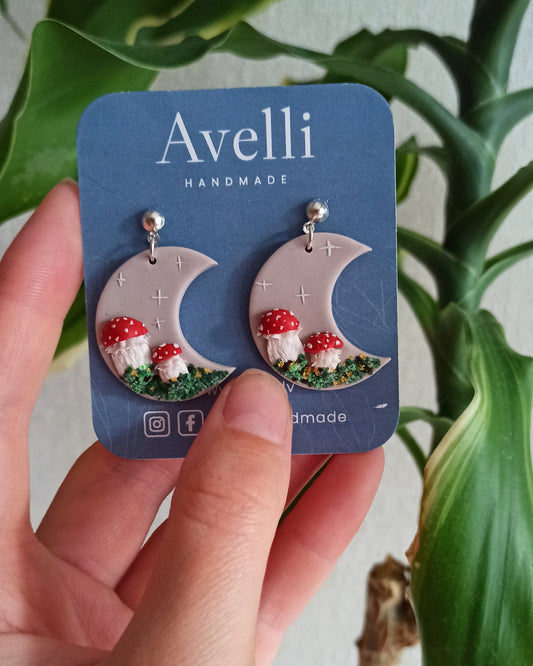 Forest Earrings/Mushroom Jewelry/Silver Brass Dangle Polymer Clay Boho/ Cottagecore/Gift for sister/Funky Earrings/Moon nature lover/