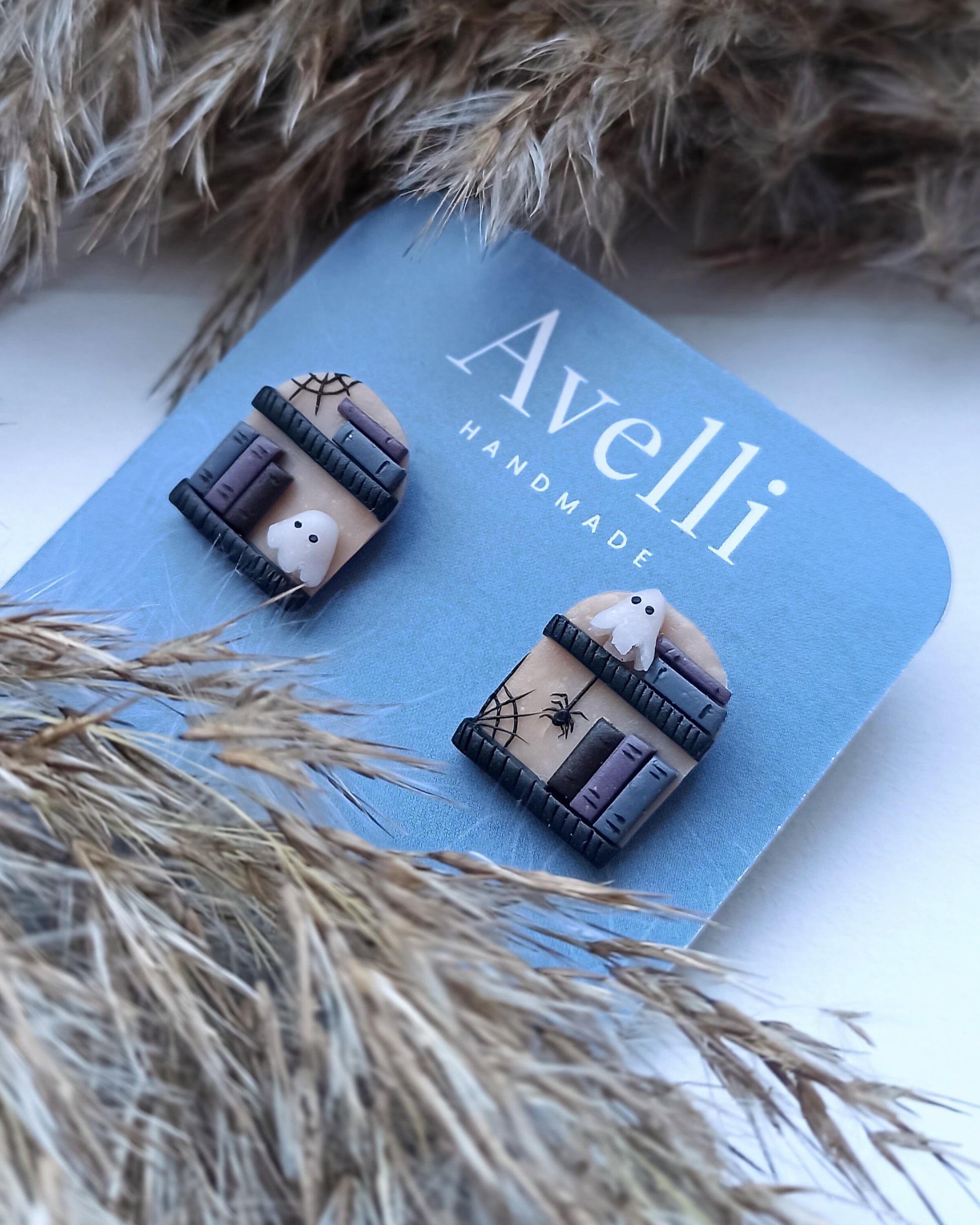 Halloween Ghost Earrings: Polymer Clay Book Studs, Witchy Booknerd Jewelry