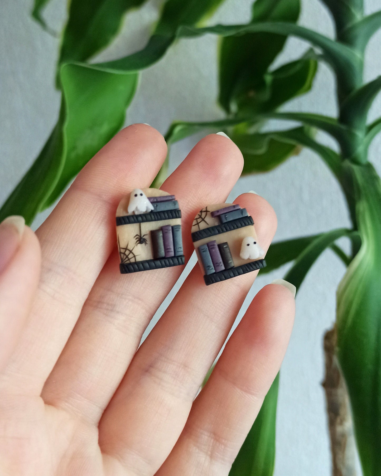 Halloween Ghost Earrings: Polymer Clay Book Studs, Witchy Booknerd Jewelry