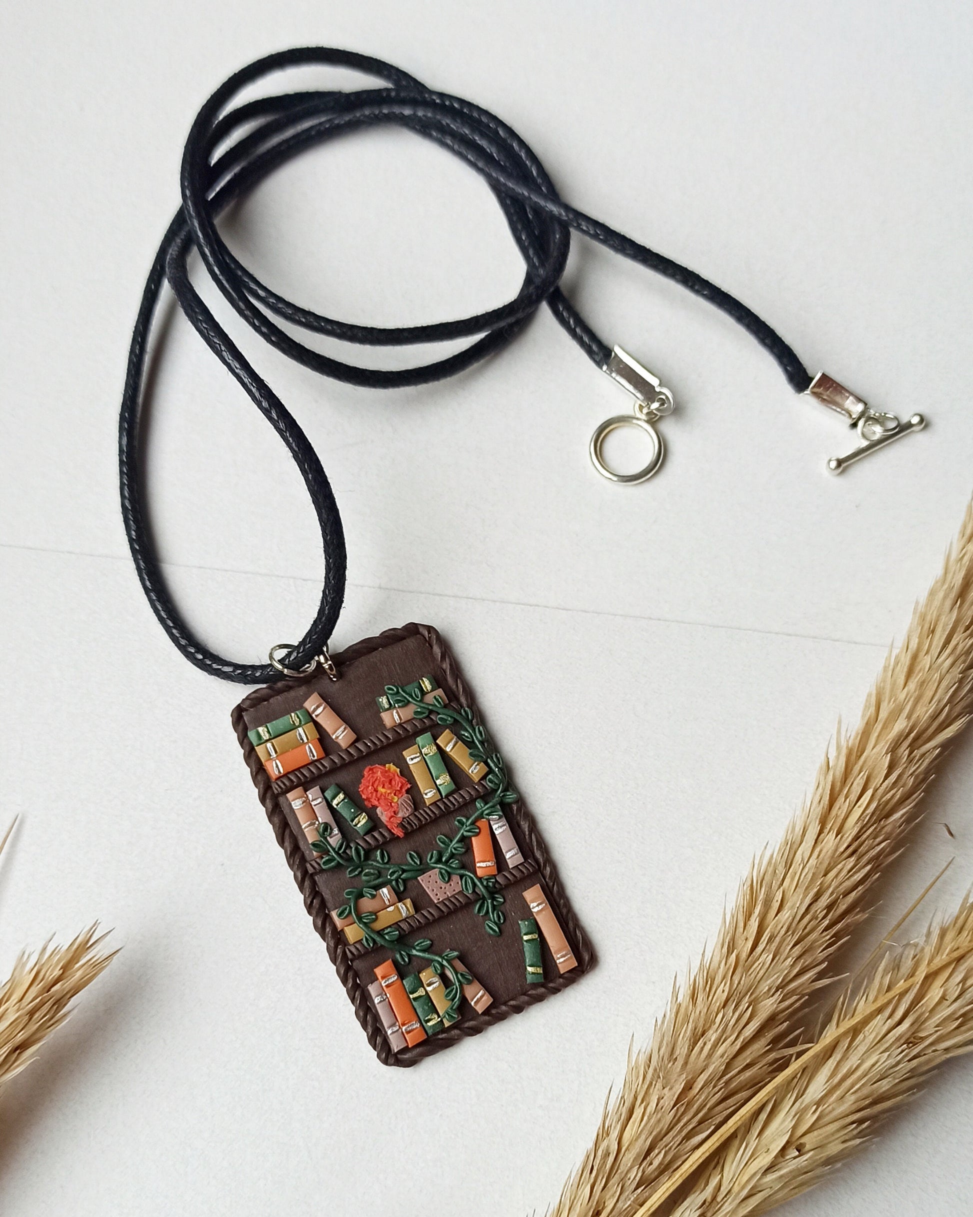 Book Necklace: Handmade Polymer Clay Bookshelf Charm
