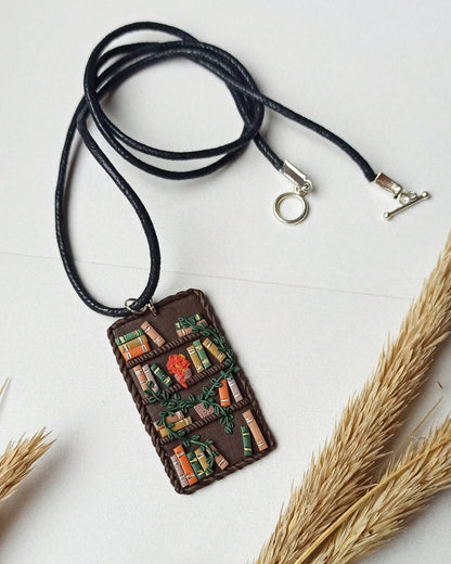 Book Necklace: Handmade Polymer Clay Bookshelf Charm