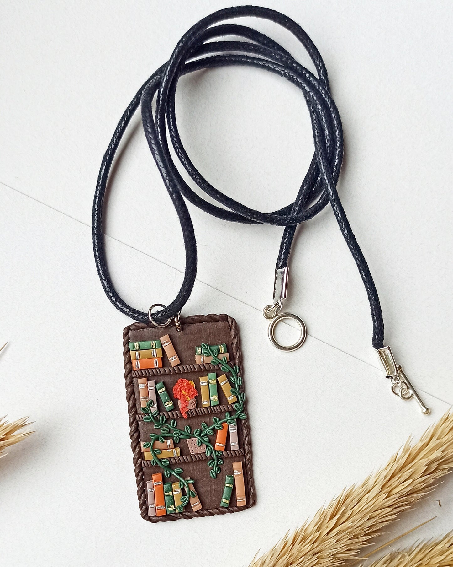 Book Necklace: Handmade Polymer Clay Bookshelf Charm