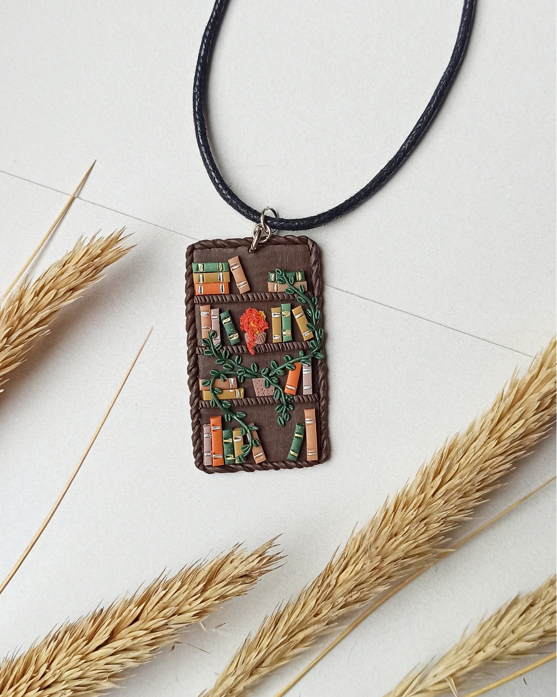 Book Necklace: Handmade Polymer Clay Bookshelf Charm