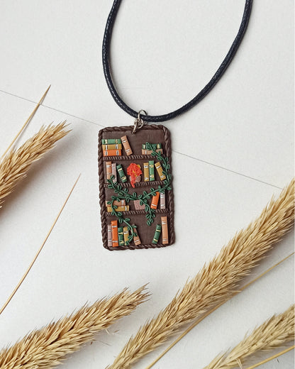 Book Necklace: Handmade Polymer Clay Bookshelf Charm