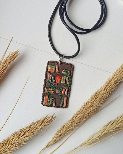 Book Necklace: Handmade Polymer Clay Bookshelf Charm
