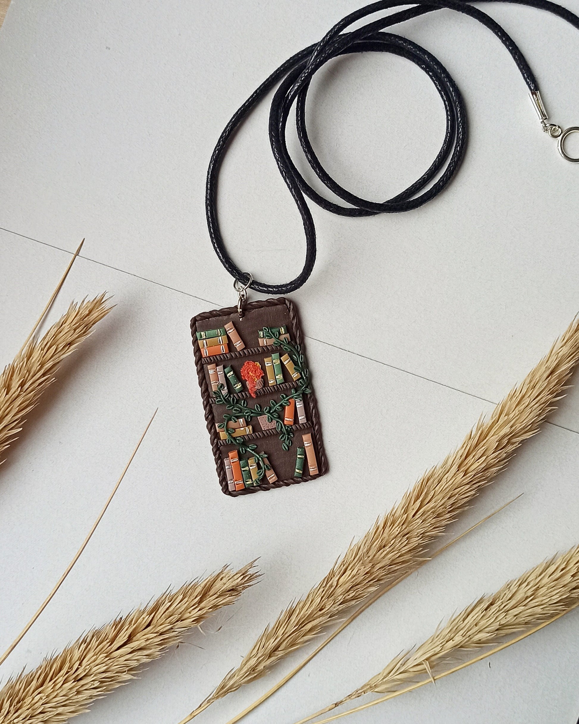 Book Necklace: Handmade Polymer Clay Bookshelf Charm