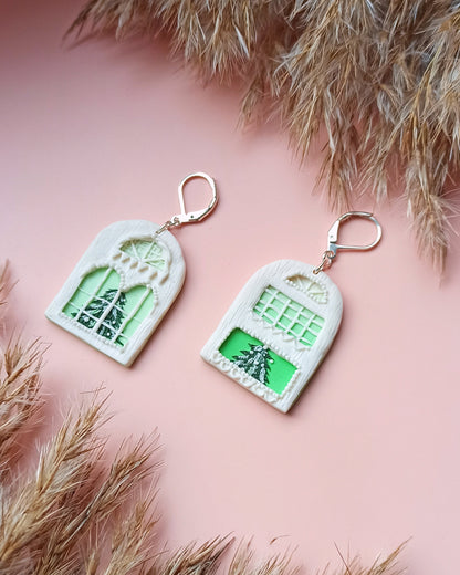 Avelli- Clay Festive Earring, Christmas Tree Earrings, White Silver Earrings, Christmas Jewellery, Winter House Dangle, Traveler woman gift
