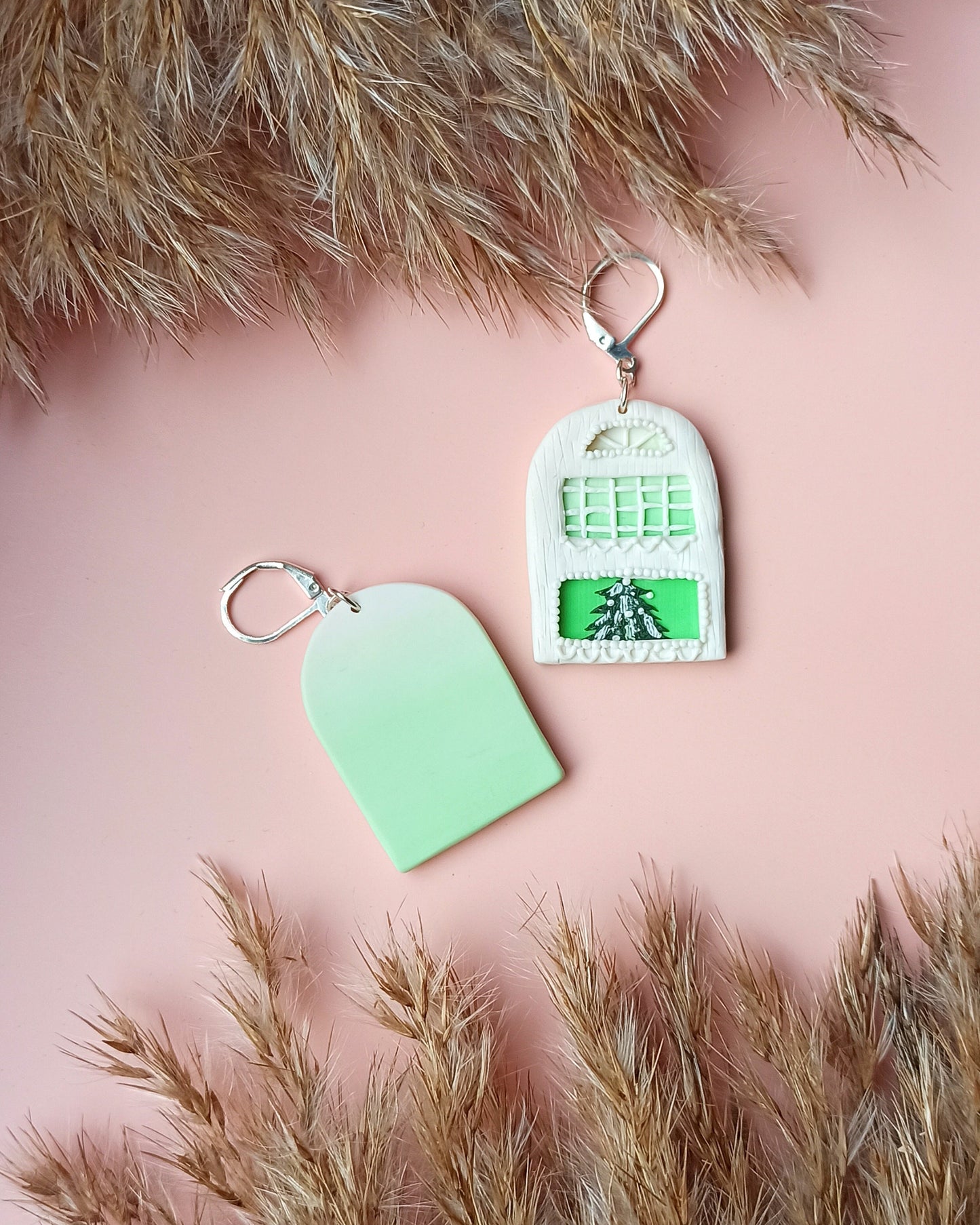 Avelli- Clay Festive Earring, Christmas Tree Earrings, White Silver Earrings, Christmas Jewellery, Winter House Dangle, Traveler woman gift