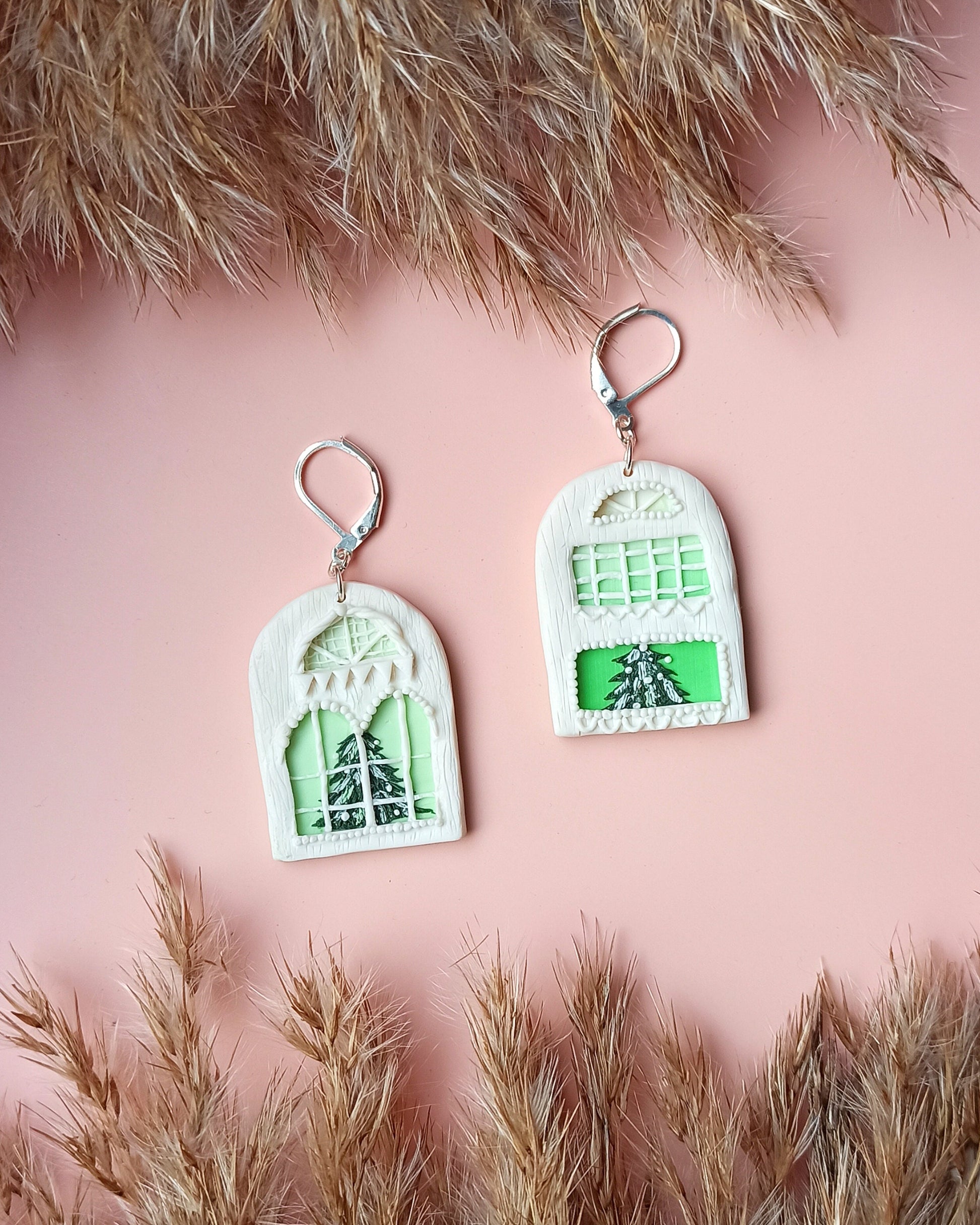 Avelli- Clay Festive Earring, Christmas Tree Earrings, White Silver Earrings, Christmas Jewellery, Winter House Dangle, Traveler woman gift