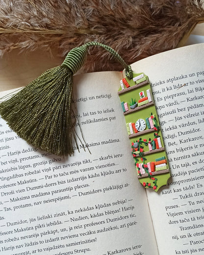 Green tassel bookmark: Handmade polymer clay book mark with small books and plants