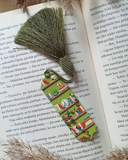 Green tassel bookmark: Handmade polymer clay book mark with small books and plants