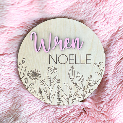 Baby Birth Announcement Sign for First Photos, Baby Shower Gift, Nursery Decor, Engraved Wildflower Sign, Baby Birth Photo Prop Sign