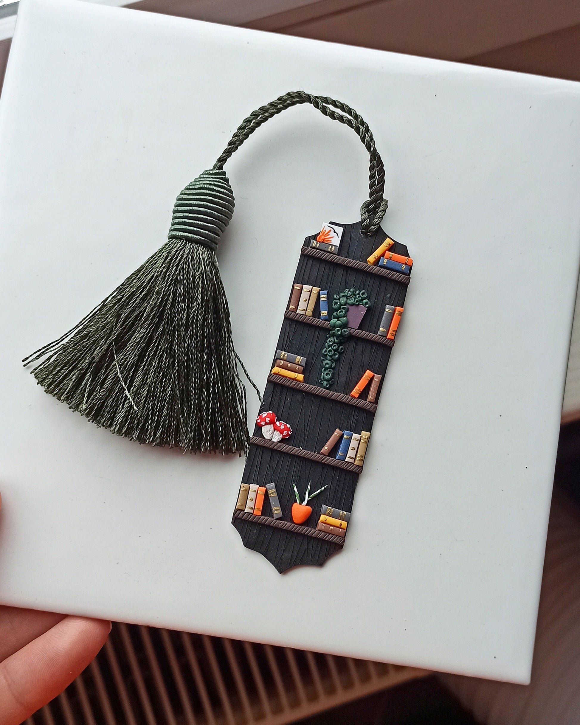 Black Bookshelf Bookmark: Personalized Polymer Clay Book lover gift