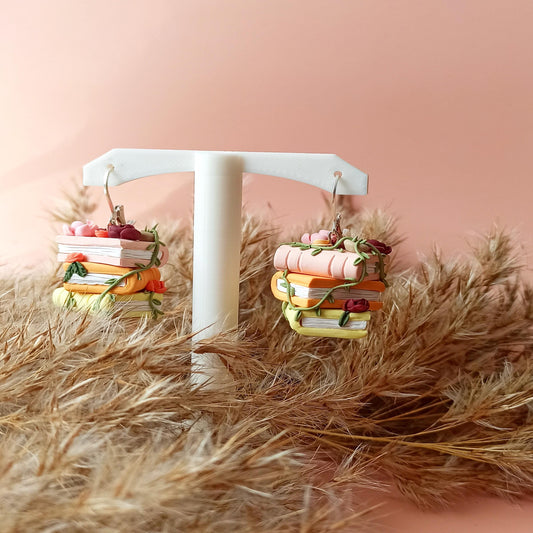 Book stack earrings: Hypoallergenic polymer clay book dangles