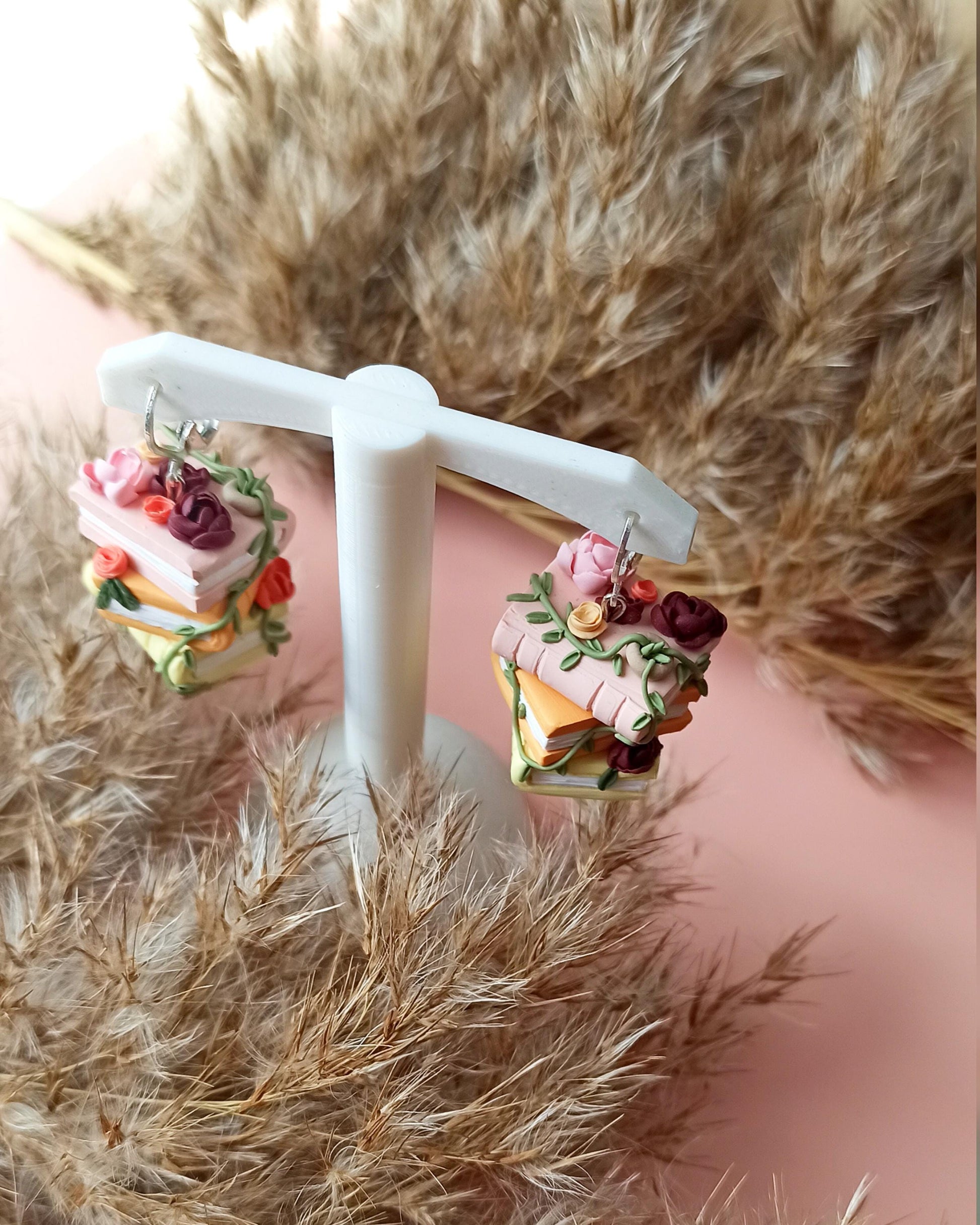 Book stack earrings: Hypoallergenic polymer clay book dangles