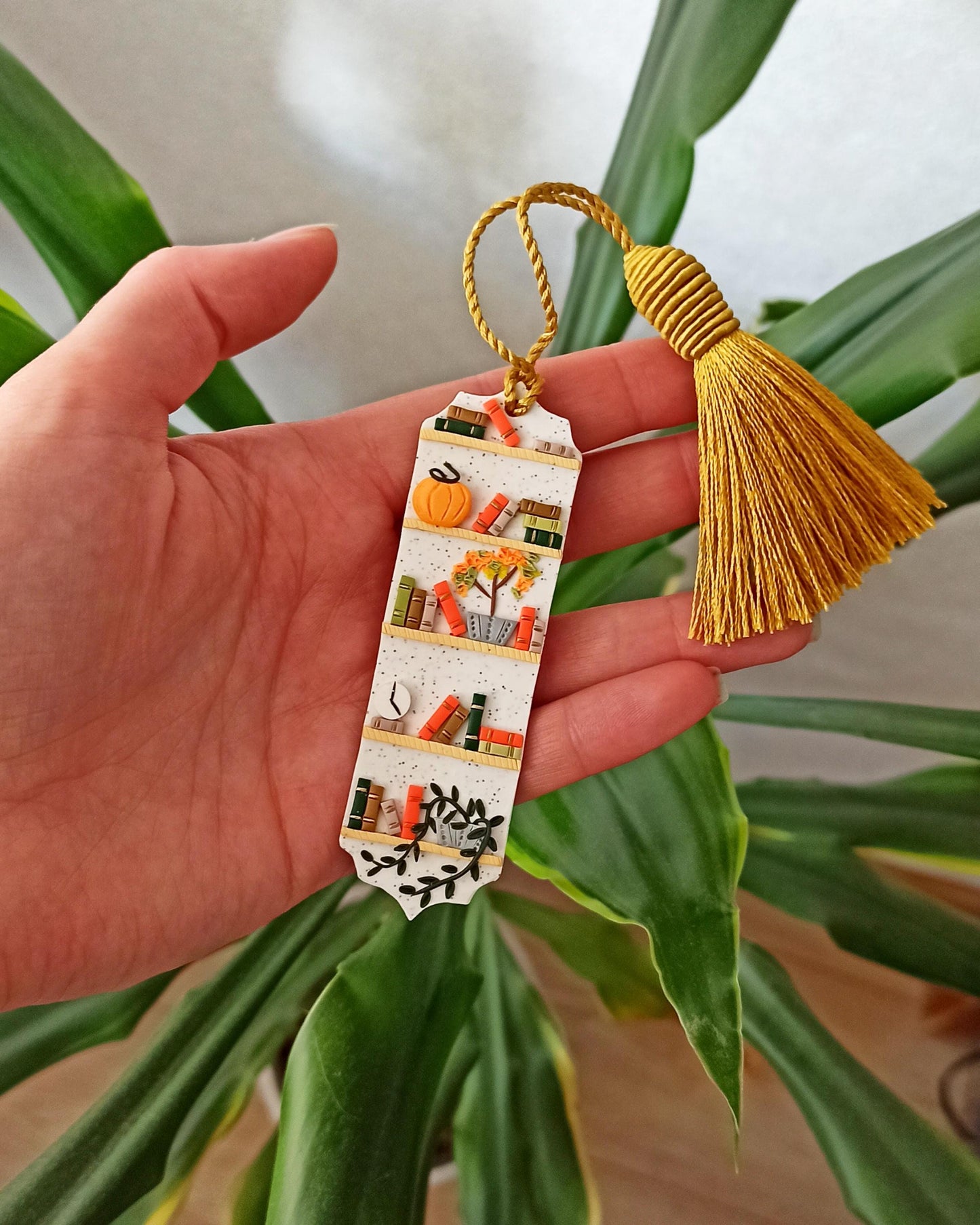 Handmade Polymer Clay Bookshelf Bookmark with Tassel, personalised gift