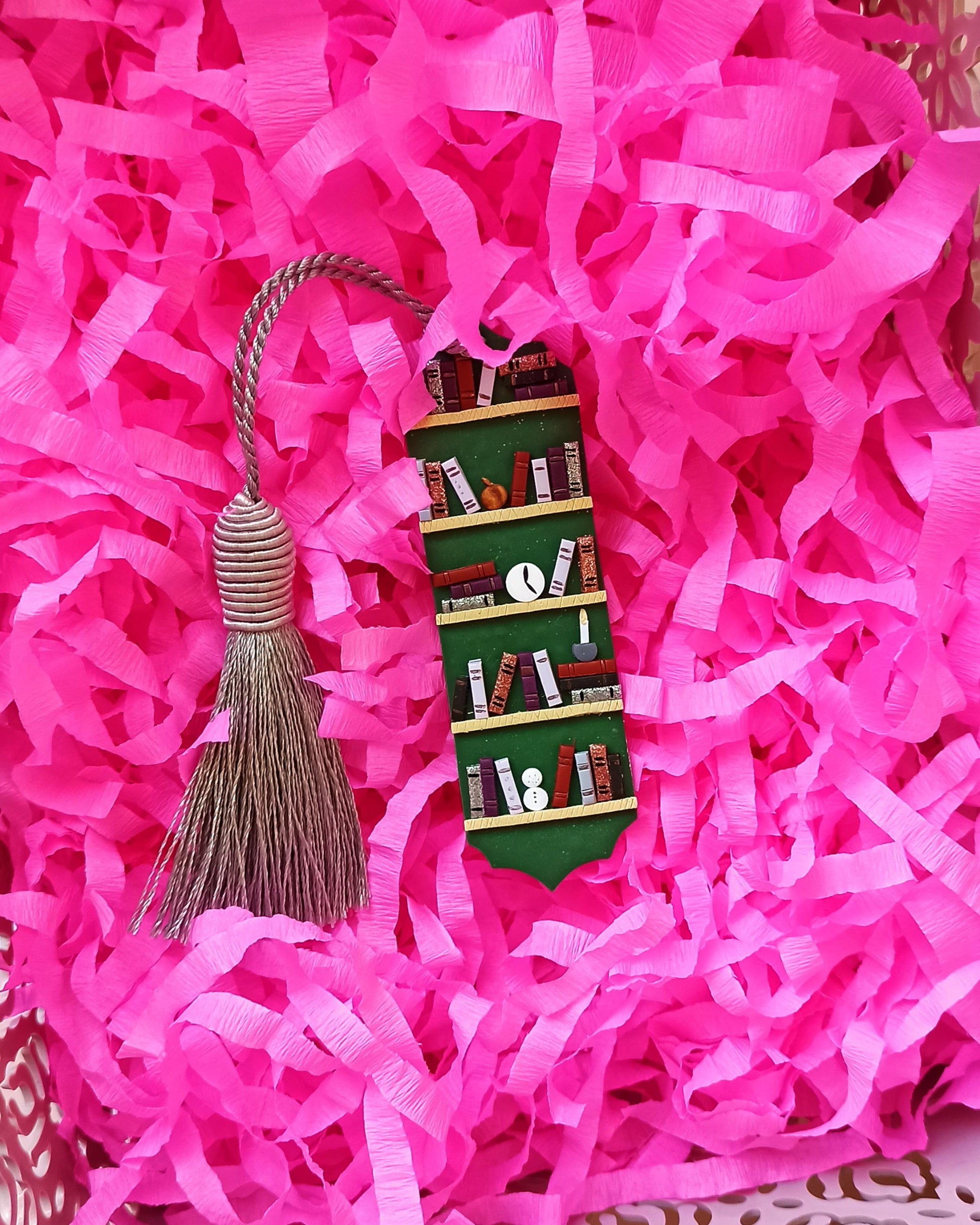 Winter Bookmark set: Green and black polymer clay tassel bookmarks with small books