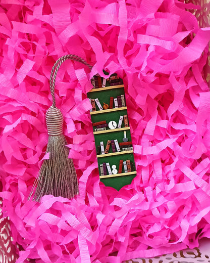 Winter Bookmark set: Green and black polymer clay tassel bookmarks with small books