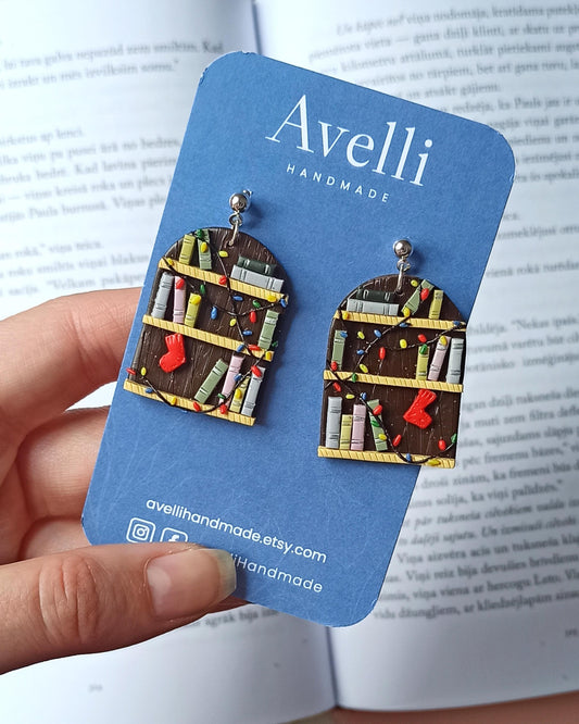 Avelli- Brown Bookshelf dandle Earrings - Polymer Clay - Winter mood gift READY TO SHIP - nickel free - eco-friendly - reader gift- booklove