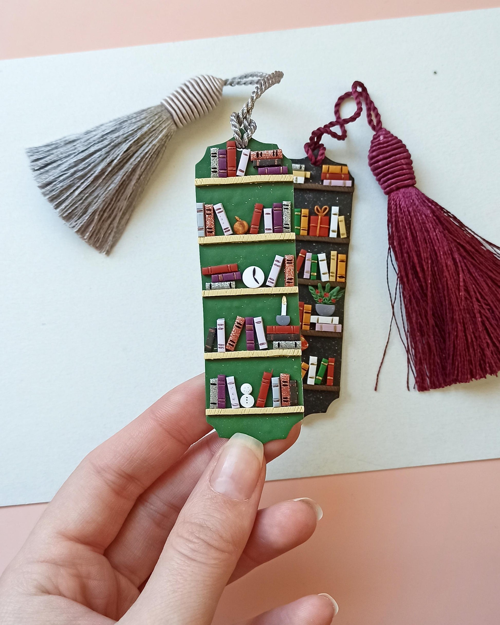 Winter Bookmark set: Green and black polymer clay tassel bookmarks with small books