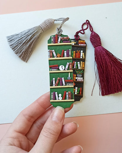 Winter Bookmark set: Green and black polymer clay tassel bookmarks with small books