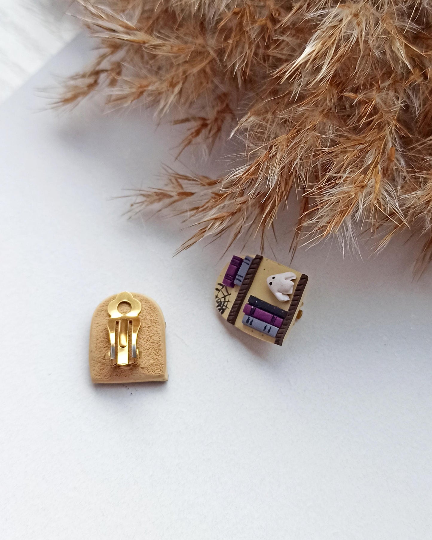 Halloween Ghost Earrings: Polymer Clay Book Studs, Witchy Booknerd Jewelry