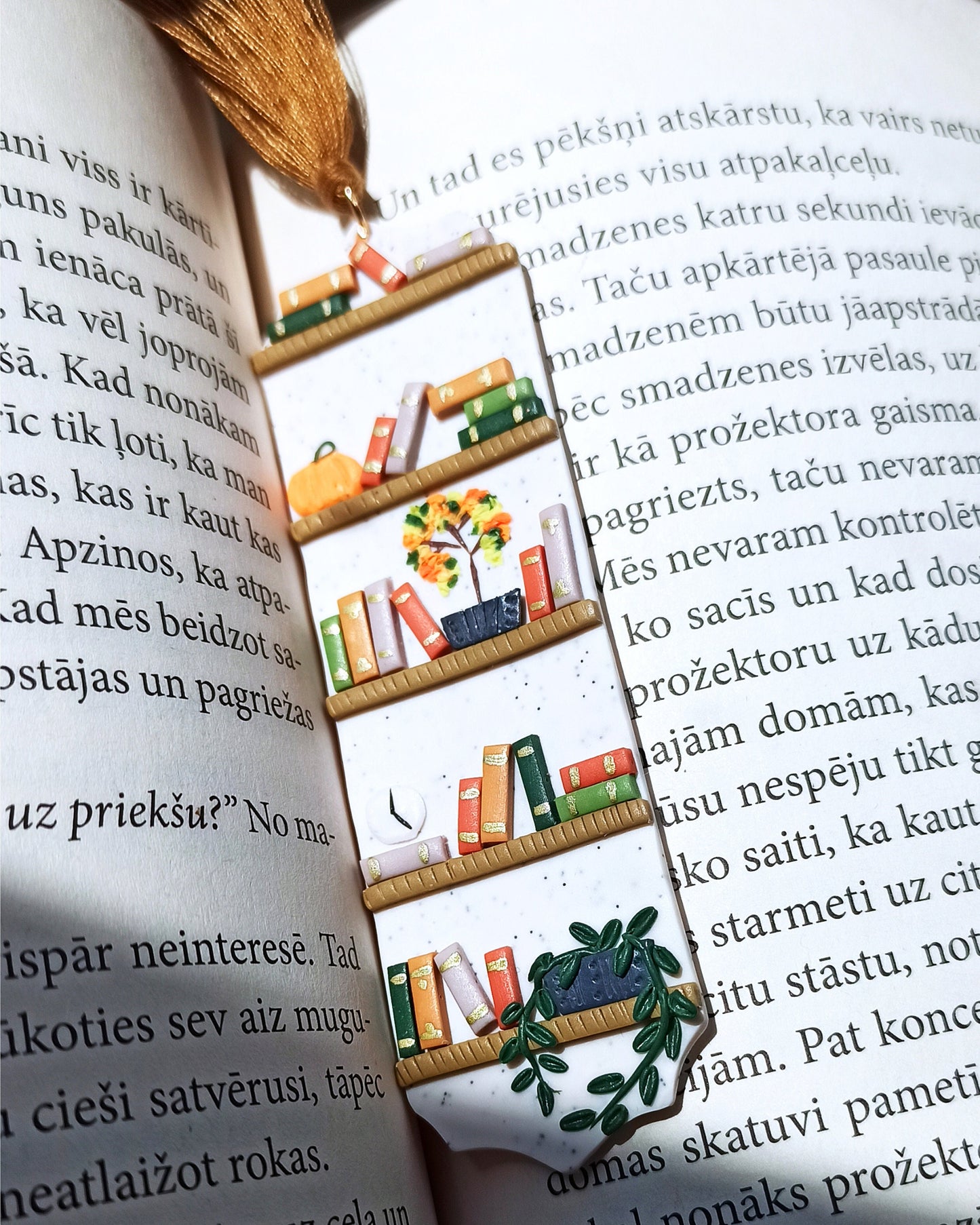 Handmade Polymer Clay Bookshelf Bookmark with Tassel, personalised gift