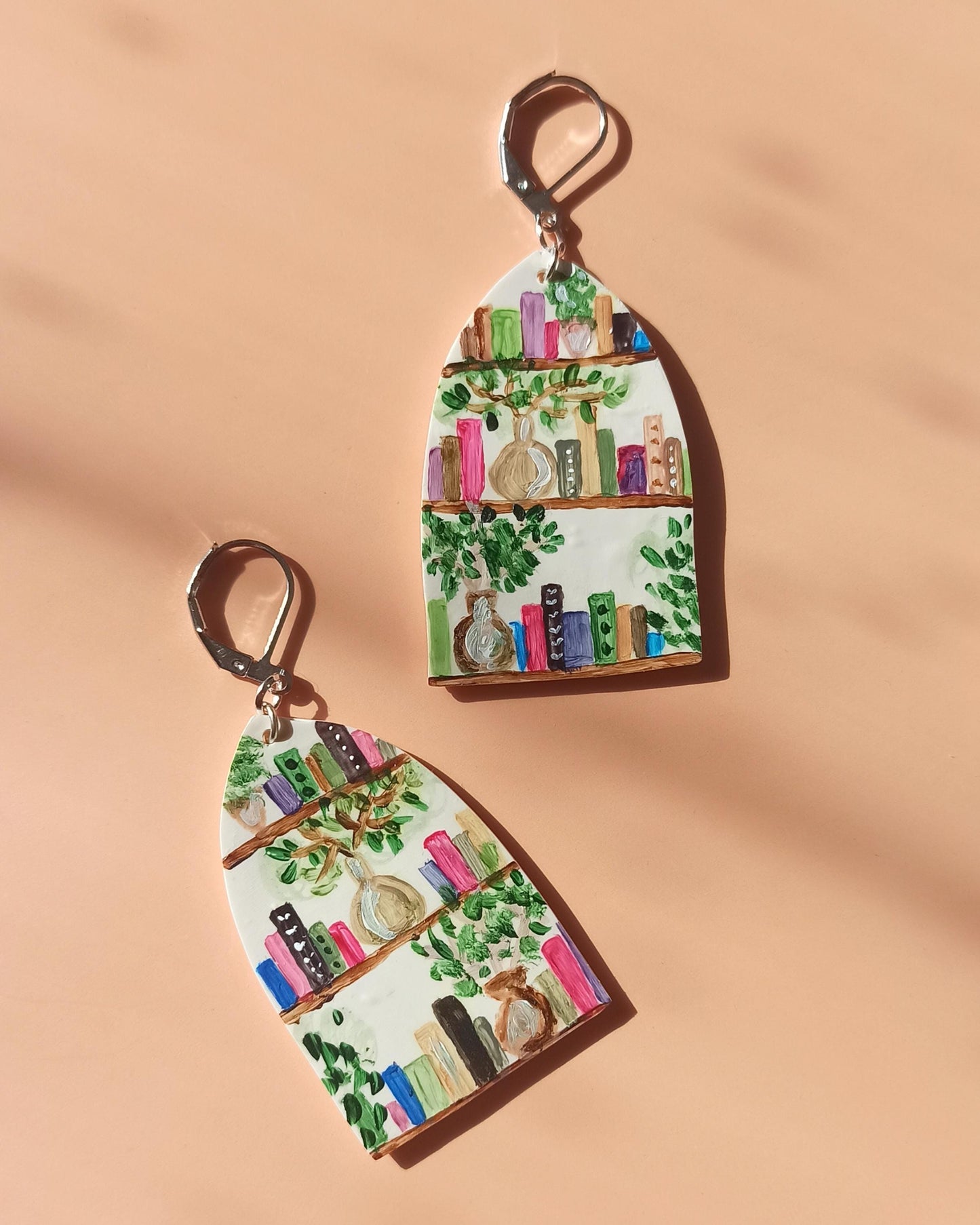 Hand painted bookshelf dangle earrings / literary girls gift ideas / polymer clay earrings