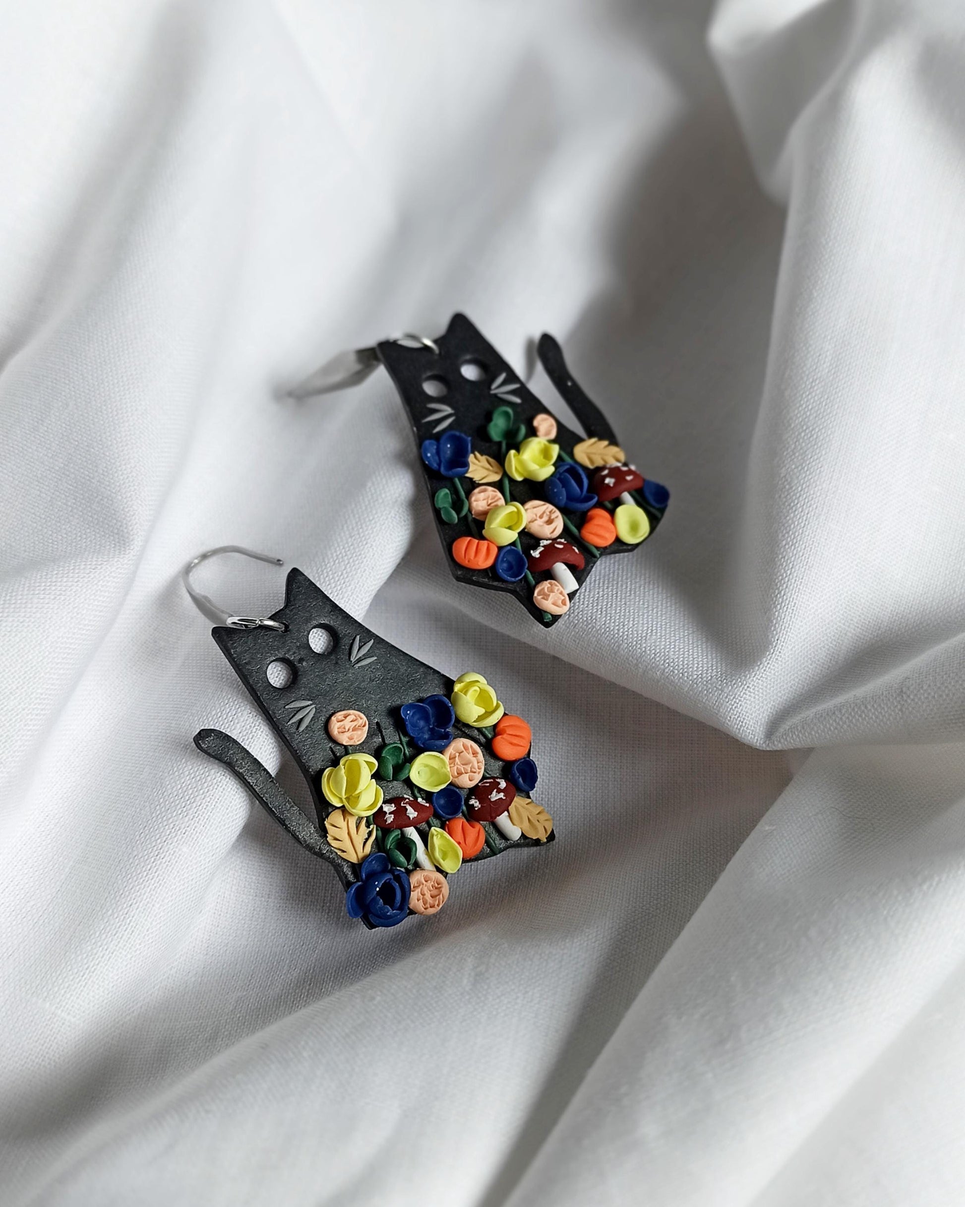 Black Cat Halloween Earrings: Polymer Clay Flowers & Mushrooms