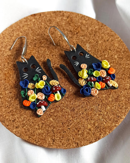 Black Cat Halloween Earrings: Polymer Clay Flowers & Mushrooms