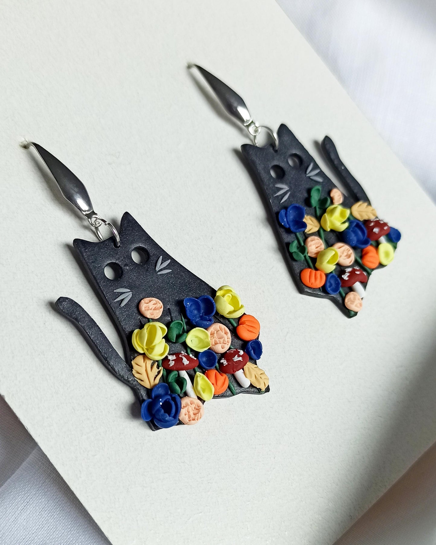 Black Cat Halloween Earrings: Polymer Clay Flowers & Mushrooms