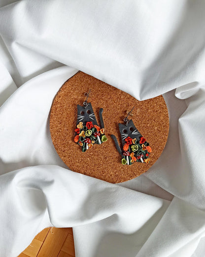 Black Ghost Cat Earrings: Handmade Polymer Clay Autumn Flower Jewelry